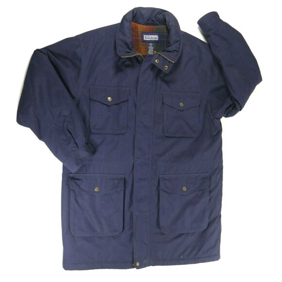 Lands End Navy Blue Insulated Car Coat Winter Plaid Wool Lining Mens Large ***